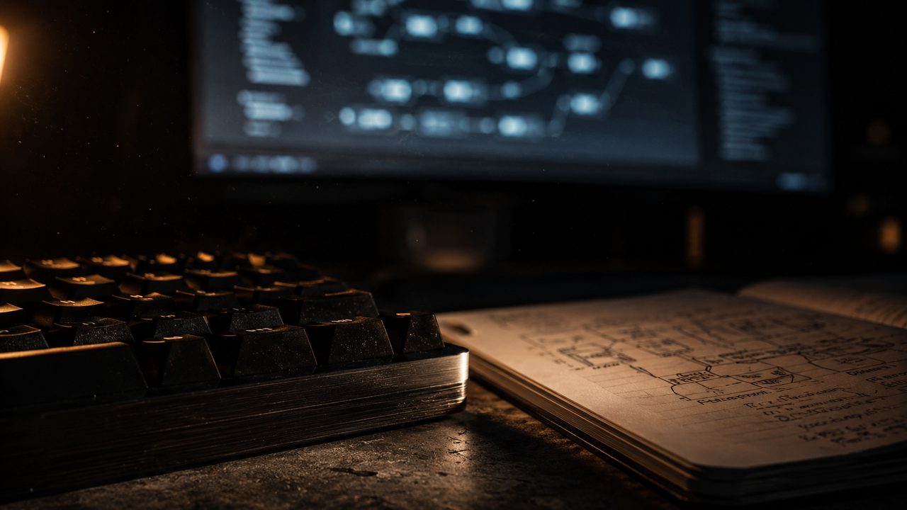 Poste de travail d'ingénierie de nuit : clavier en aluminium noir et carnet technique ouvert, écran de workflow flouté en arrière-plan.